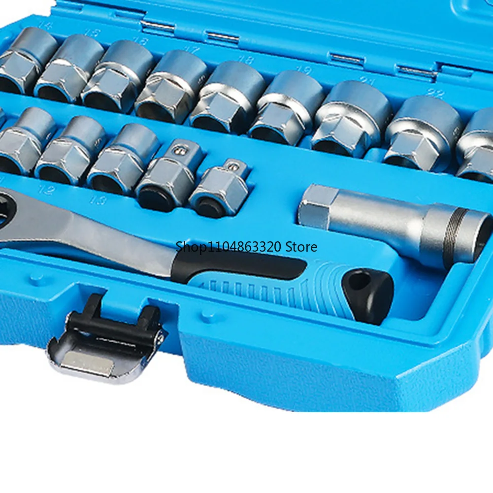 17 Piece Pass Through Socket Set with 19mm Ratchet and Adapters Chrome Vanadium Alloy for Automotive Repair and Maintenance