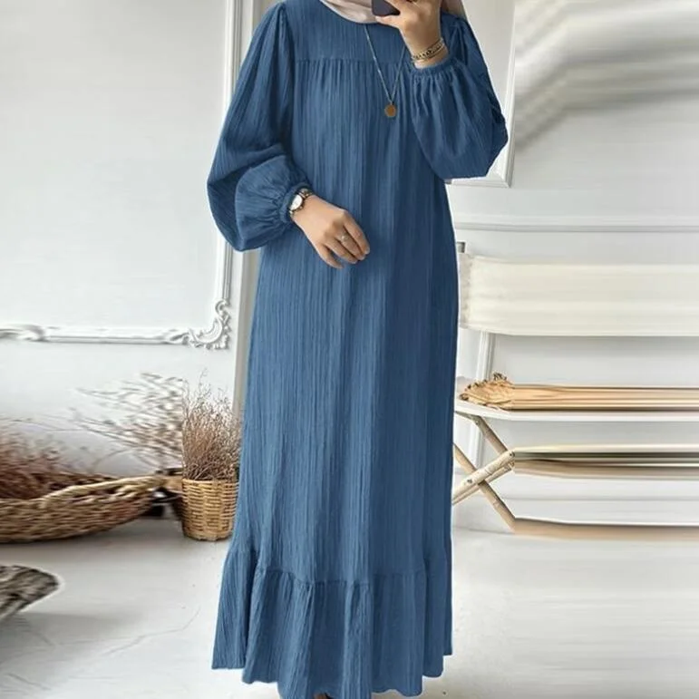 

2025 Новое модное женское мусульманское платье с пышными рукавами, большие размеры, весна-осень, однотонная женская одежда белого, синего, кофейного цвета