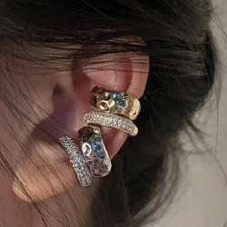 2 Pcs Rhinestones Double Layered C-shaped Non-pierced Gold and Silver Color Metal Clip Earrings for Women Fashion Ear Clip Sets