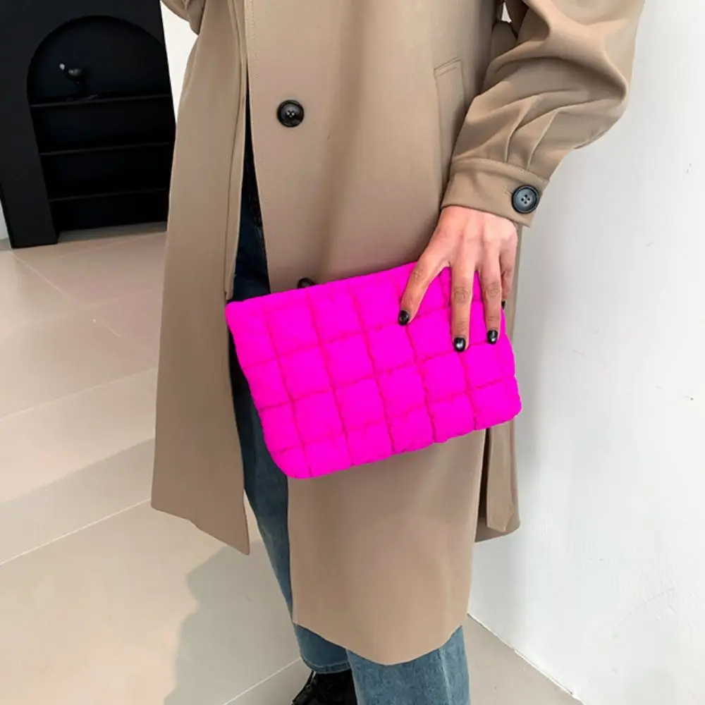 Bright Hot Pink Grid Quilted Puffer Clutch Bag Soft Lightweight Square Padded Envelope Handheld Purse for Women Daily Outfit view 3