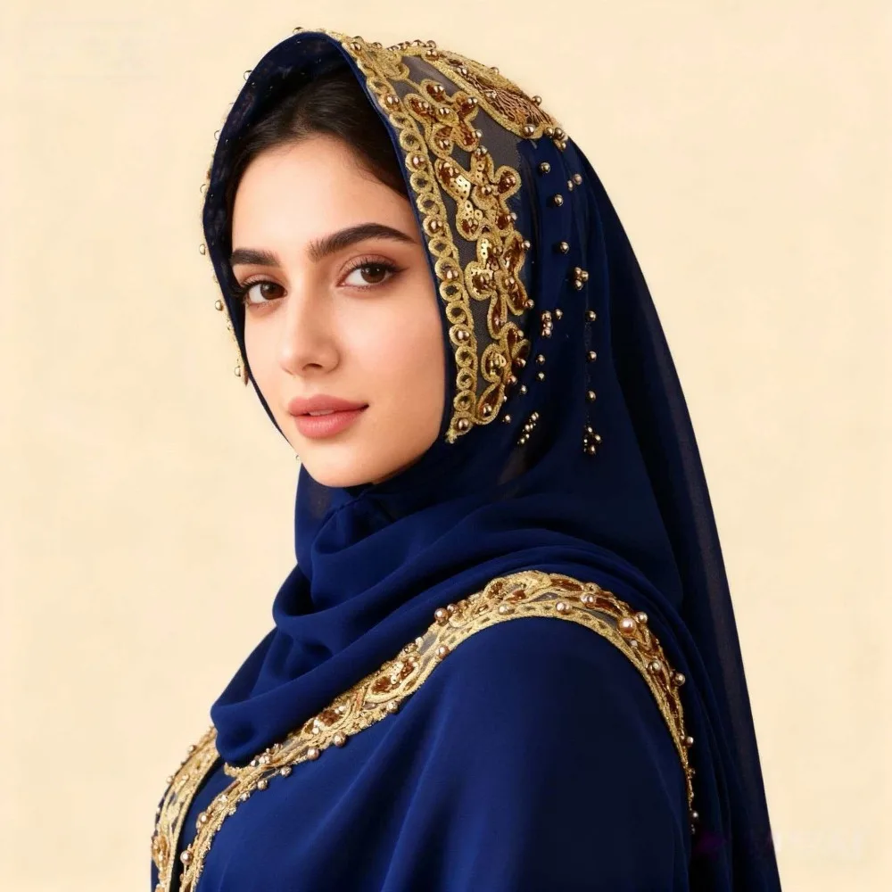 

Модный шелковый шифоновый хиджаб-шарф с жемчугом и золотой вышивкой, исламский тюрбан, универсальный солнцезащитный платок с пайетками, пляжная накидка-шаль