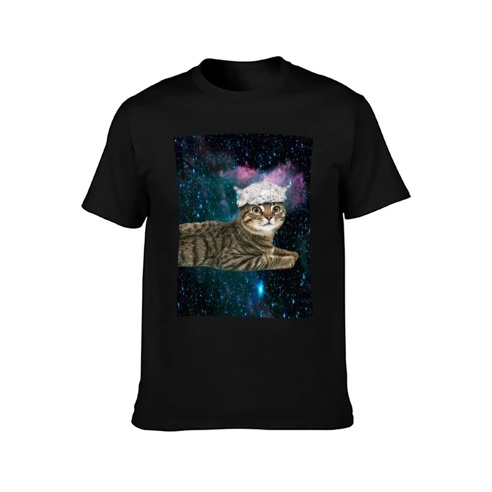 Tin Foil Hat Cat in Space Conspiracy Theory Funny Kitty T-Shirt Novelty Print Casual Tee Shirt T-Shirt