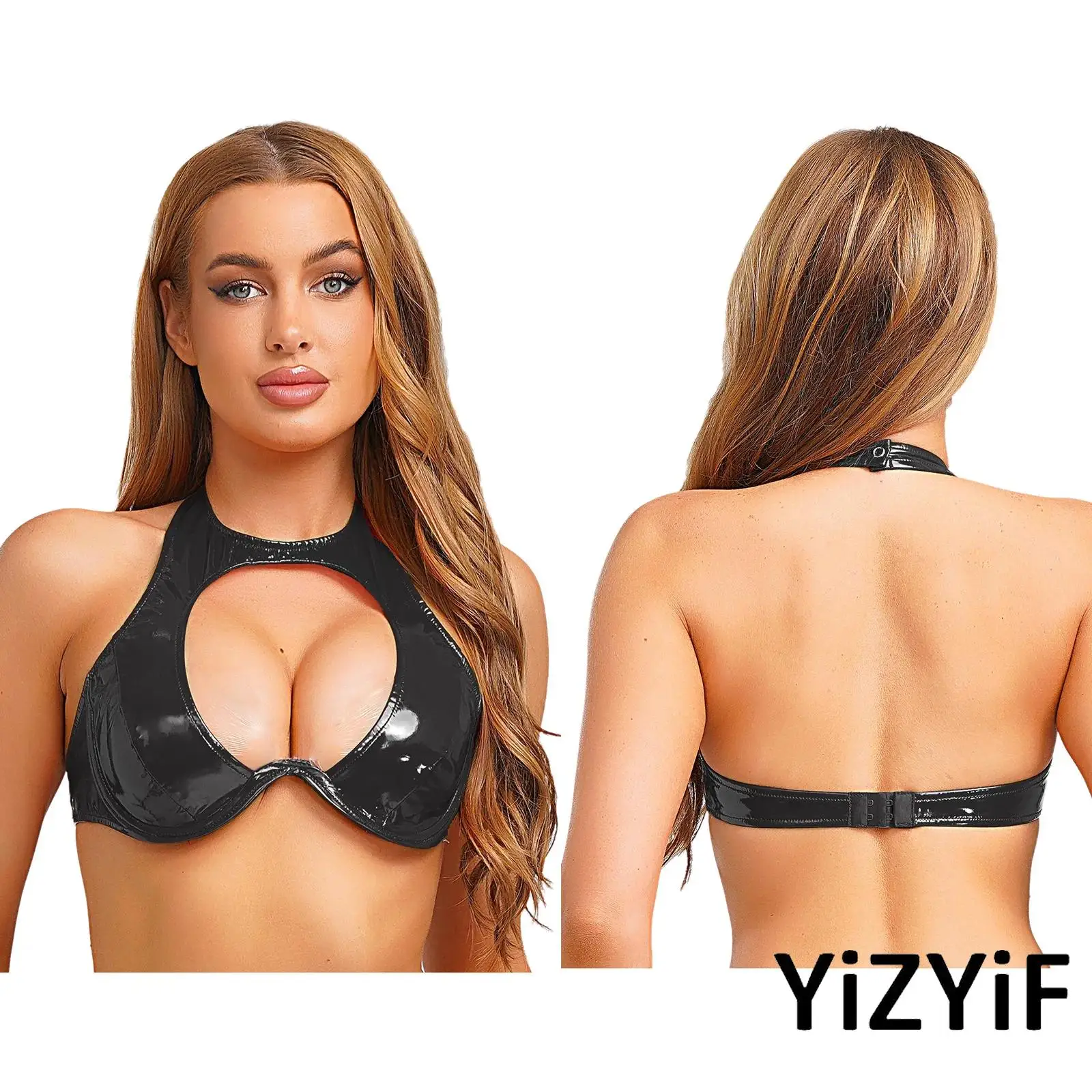 

Womens Wet Look Patent Leather Bra Cut Out Backless Lingerie Halter Underwire Push Up Bra Tops Bustier Clubwear Erotic Nightwear