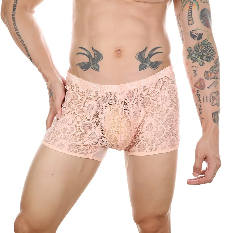 See Through Lace Underwear Man Bulge Pouch Underpants Transparent Panties Trunks Gay Sissy Long Boxer Briefs Breathable Shorts