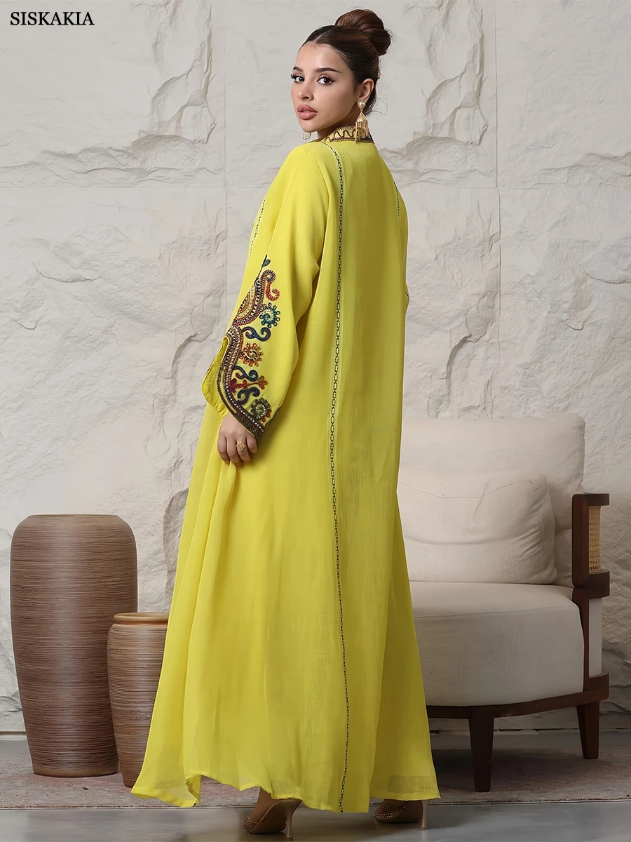 Siskakia Embroideried Luxurious Women\'s Evening Dress With Long Sleeves V-Neck Fashion Elegant Abayas With Belt Marocain Femme