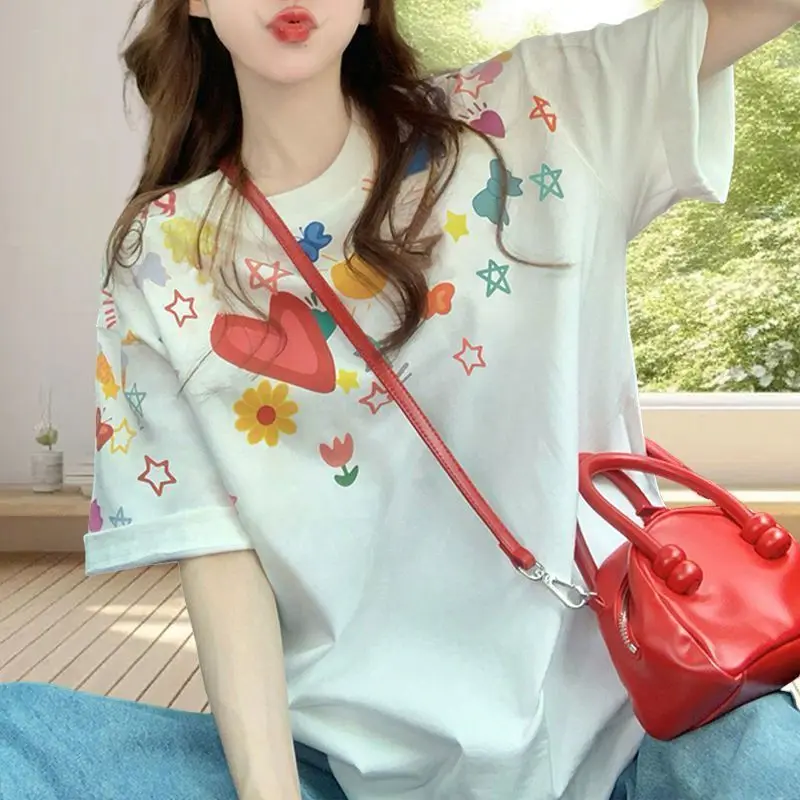 

Summer New Fashion Geometric Printing O-neck Pure Cotton T-Shirt Women's Casual Loose Short Sleeve Vintage Tops