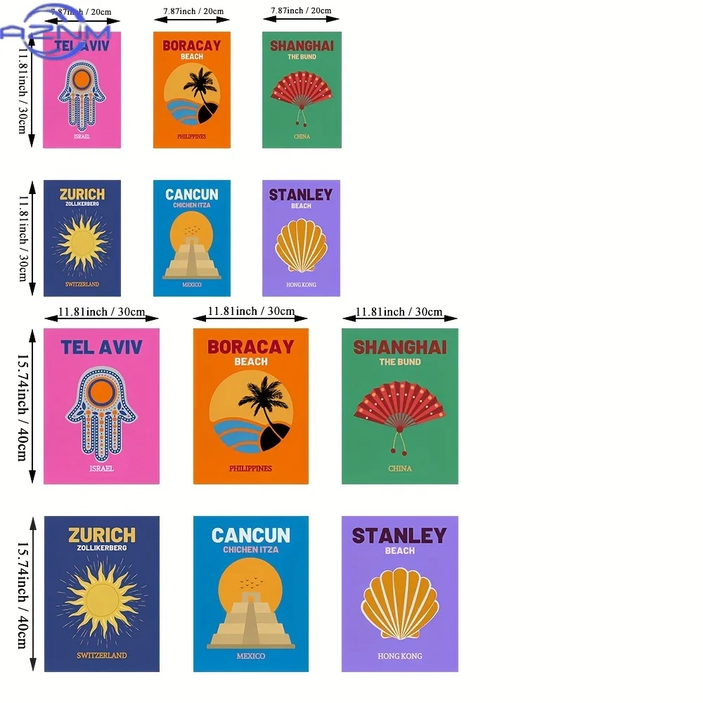 Set of 6 Unframed Vibrant Travel Posters And Prints Featuring Maximalist Canvas Art of Shanghai, Boracay, Cancun, Stanley, And Z