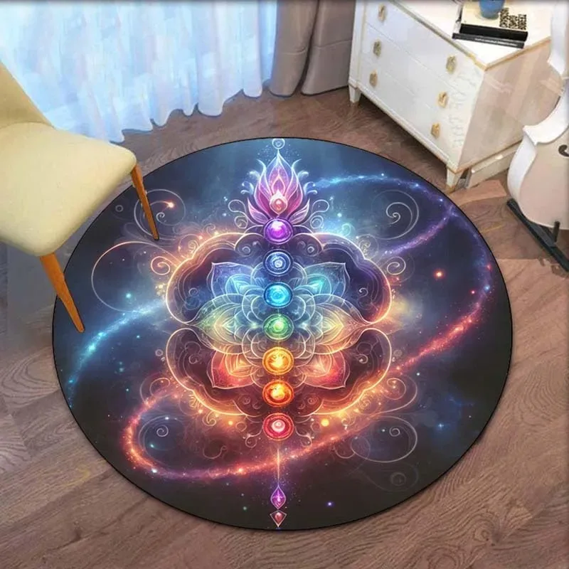 Spiritual 7 Chakra Lotus Round Rug Carpet Cosmic Galaxy Mystic Pattern Mat for Yoga Room Bedroom Indoor Home Decoration