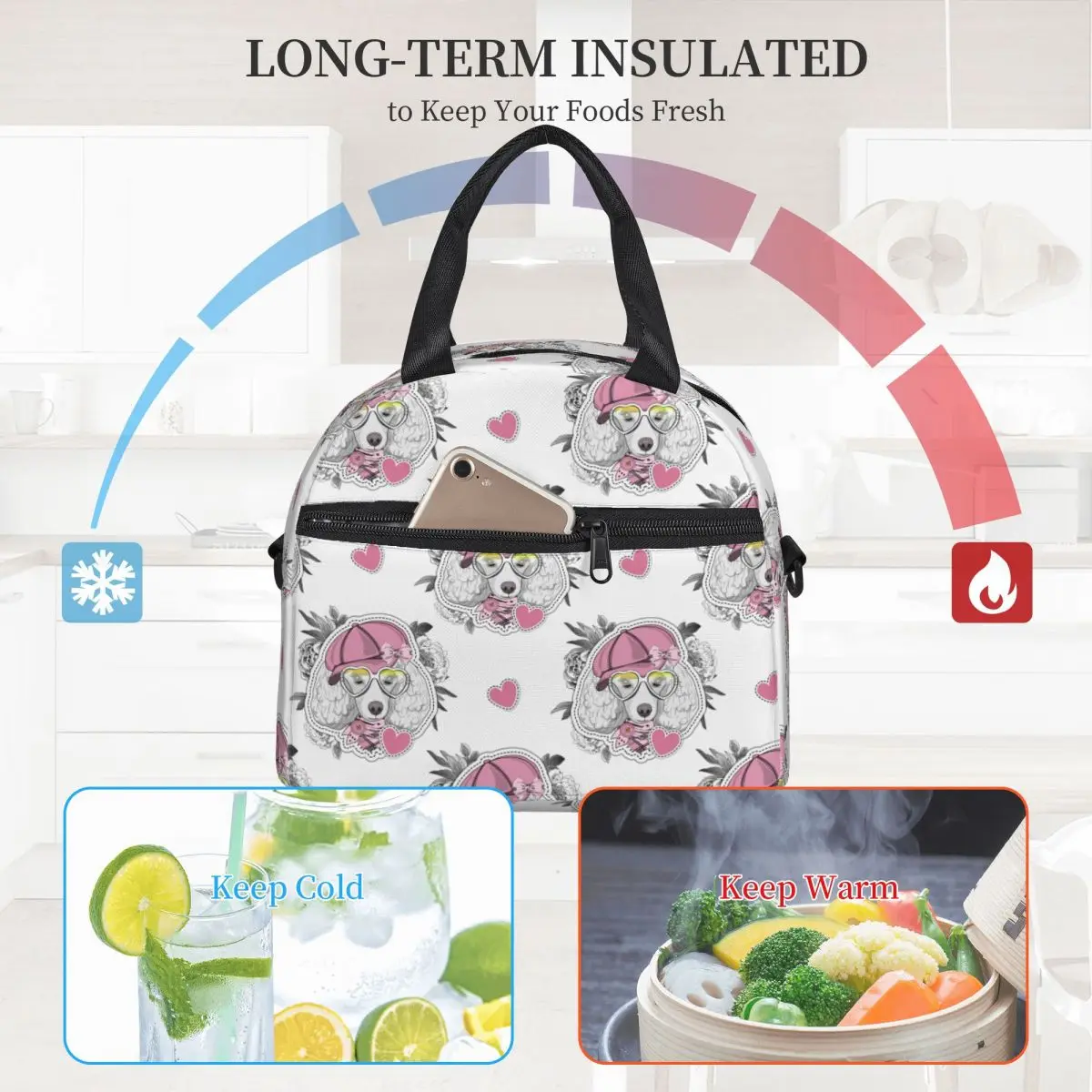 Bolsa de almuerzo aislada grande con correa ajustable para el hombro, enfriador térmico, Bento Box, producto para perros vestidos