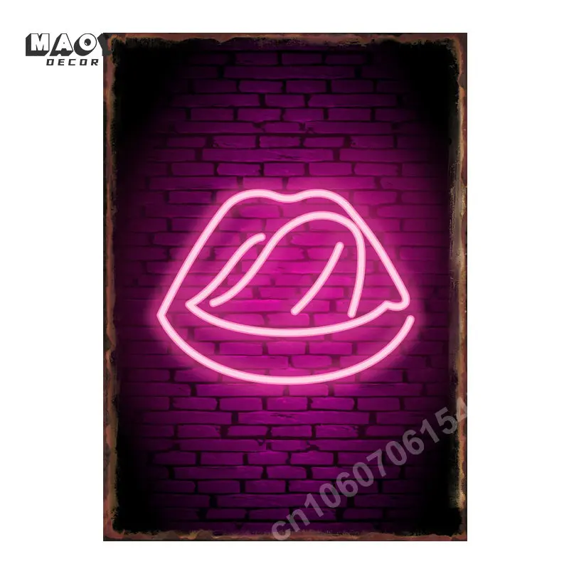 Neon Sexy Pink Lips Metal Tin Sign Bar Club Cafe Festival Party Motorcycle Garage Wall Decor Street Home Bedroom Decoration