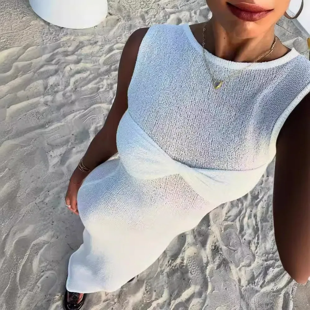 Weiß gestrickt langes Kleid Frauen sexy durch schlanke Strand kleid Sommer elegante Mode ärmellose Urlaub Outfits 2024 rosa