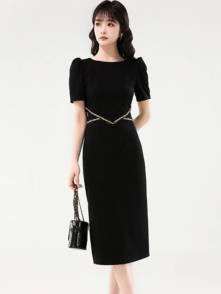 Summer Black Short Sleeve Bodycon Midi Dress Women Korean Vintage Hepburn Prom Clothes 2025 Elegant Patchwork Chic Casual Dress