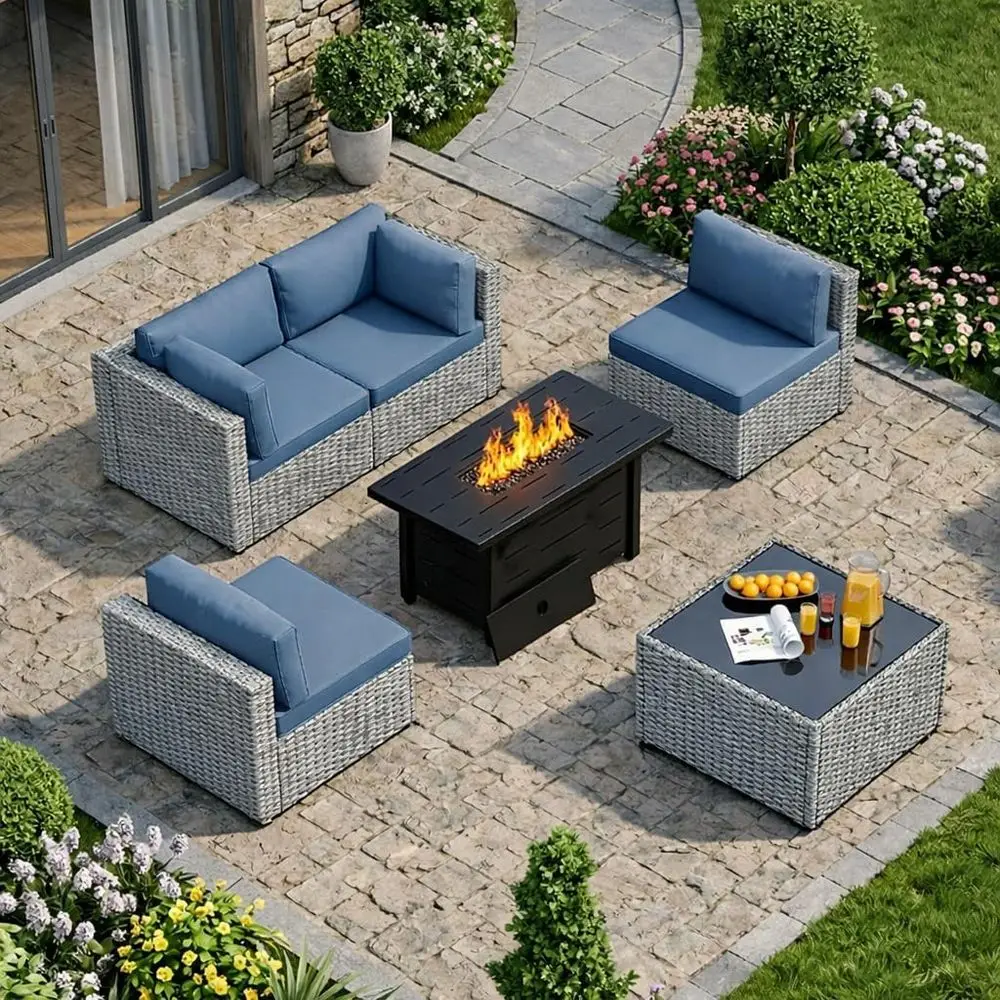 

5-Piece Outdoor Patio Furniture Set with Fire Pit, Silver Rattan Wicker Sofa with Blue Cushions, Suitable for Backyard, Deck, Ga