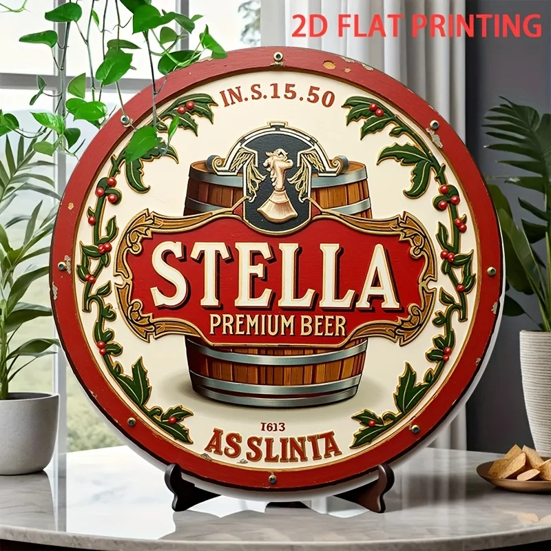 1pc of 2D Flat Round Vintage Stella Premium Beer Wall Sign - Retro Brewery Artwork Featuring a Barrel Design -