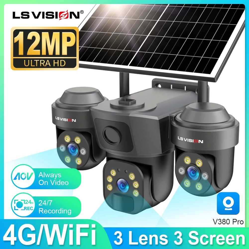 LS VISION 3K Triple-Lens Triple-Screen AOV Solar Battery PTZ Camera 4G/Wi-Fi 24/7 Recording 10X Zoom ,AI Humanoid Tracking, IP66