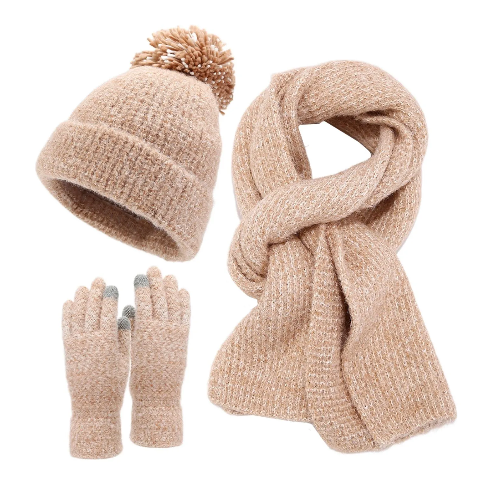 

Knitted Three Piece Hats Scarf Gloves Set Autumn Winter Warm Thicken Plush Pompom Ear Protection Cold-proof Cap Glove Women