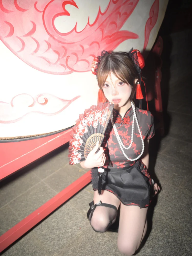 فستان تشيونغسام بالطراز الصيني الجديد، زي تنكري للهالوين وعيد الميلاد، زي خادمة بأكمام قصيرة، رداء قصير للارتداء اليومي