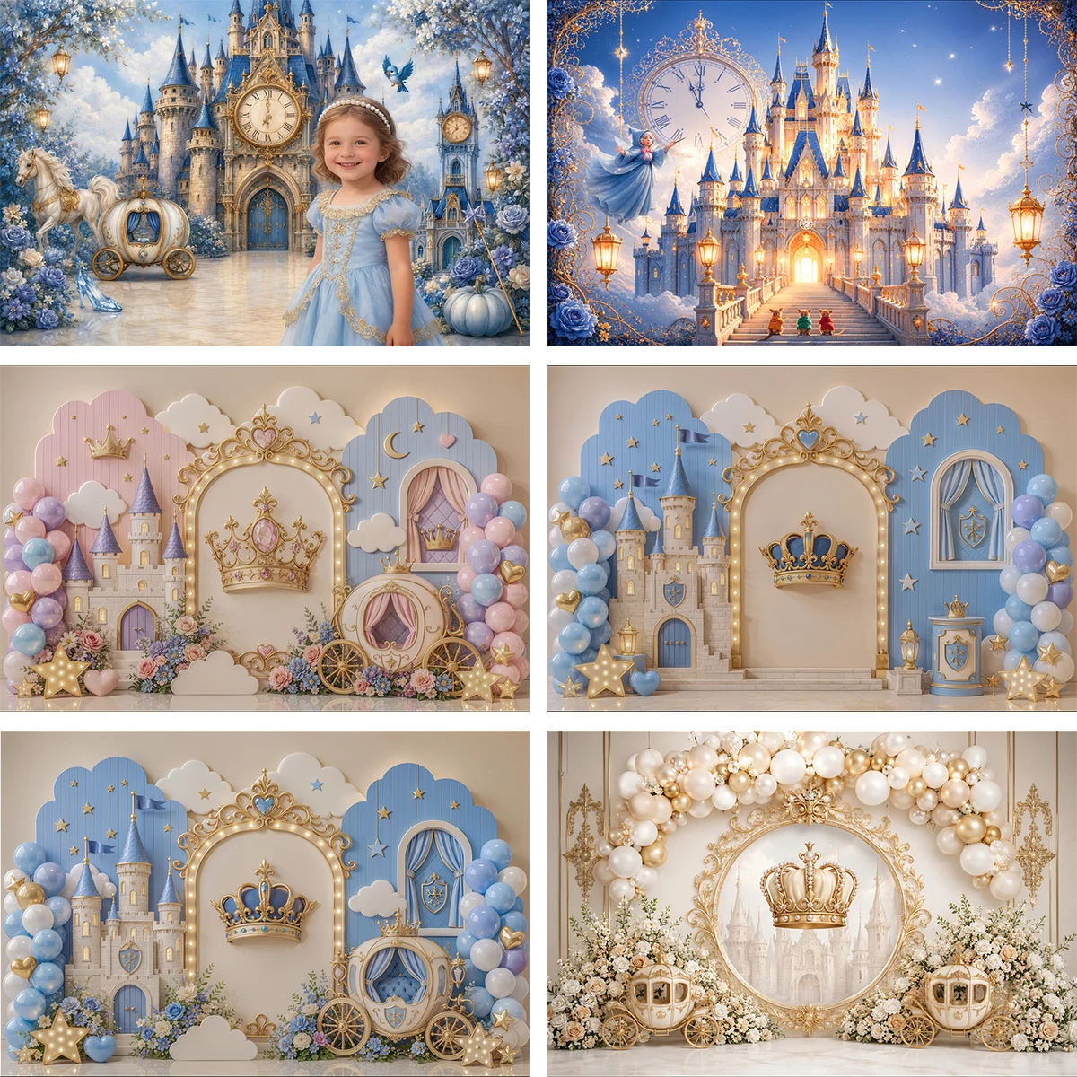 Aschenputtel Märchenhintergrund für Fotografie Blaues Schloss Kürbiskutsche Prinzessin Baby Mädchen Geburtstag Porträt Fotohintergrund