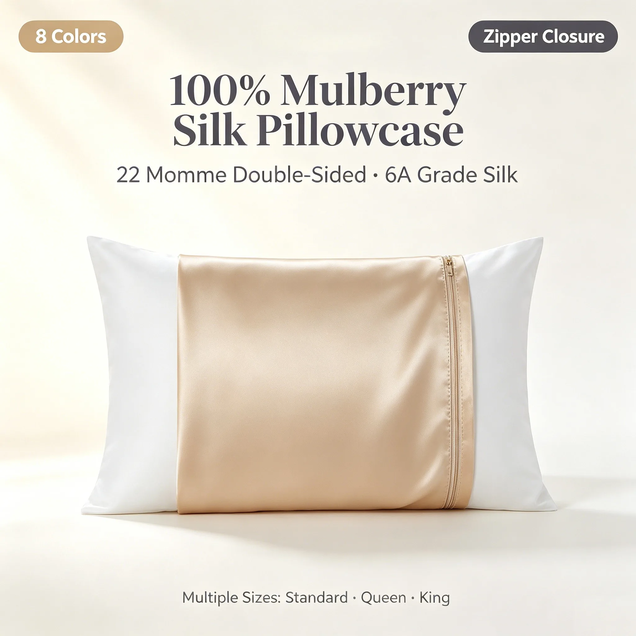 100% Mulberry Silk Pillowcase 22 Momme Double Sided 6A Silk Pillow Cover Hidden Zipper Closure for Hair Skin Standard Queen King