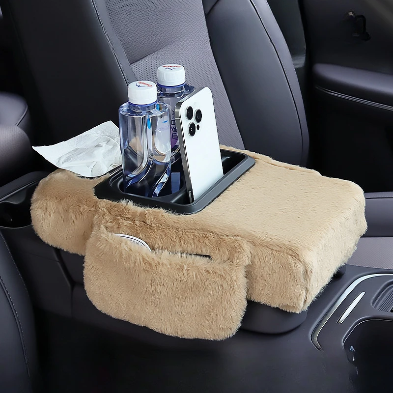 وسادة مسند ذراع لوحدة التحكم المركزية للسيارة من القطيفة مع حامل أكواب 4 في 1 شتاء دافئ مسند ذراع تلقائي يدعم اليد صندوق مناديل ارتفاع وسادة