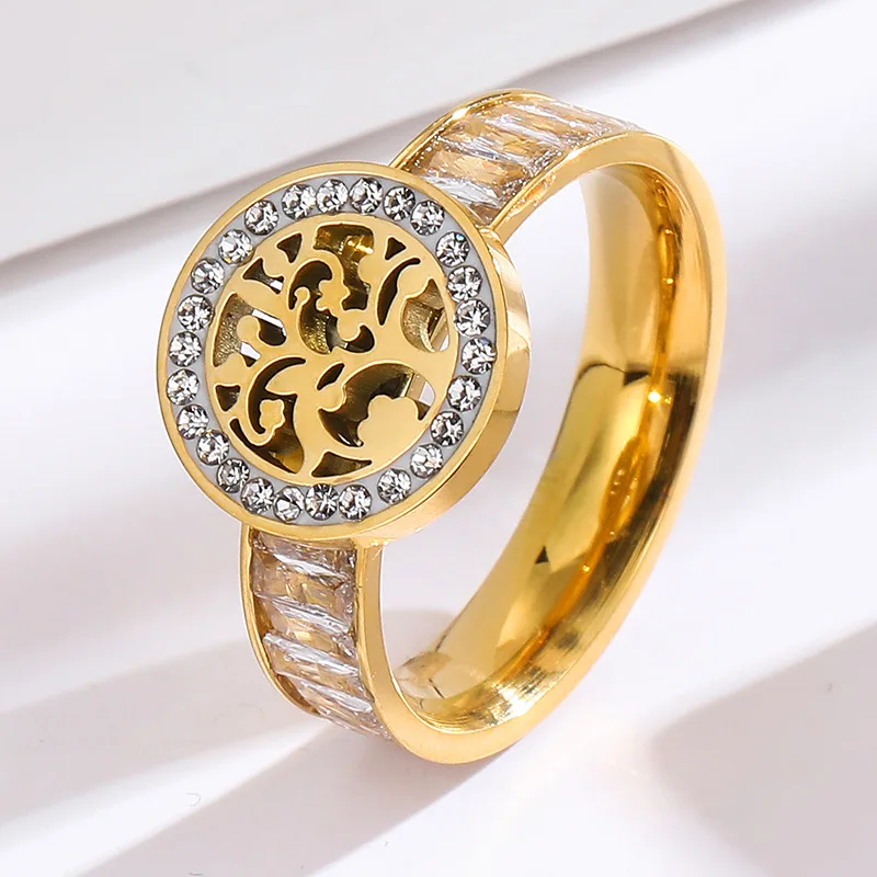 

316L Stainless Steel Classic Square Crystal Life Tree Hollowed Out Titanium Steel Clay Zircon Ring For Men And Women