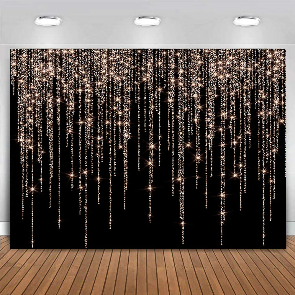 Glitter Dripping Curtain Black Pink Gold Bokeh Background for Girls Women Birthday Party Banner Photography Backdrop Vinyl 7x5ft