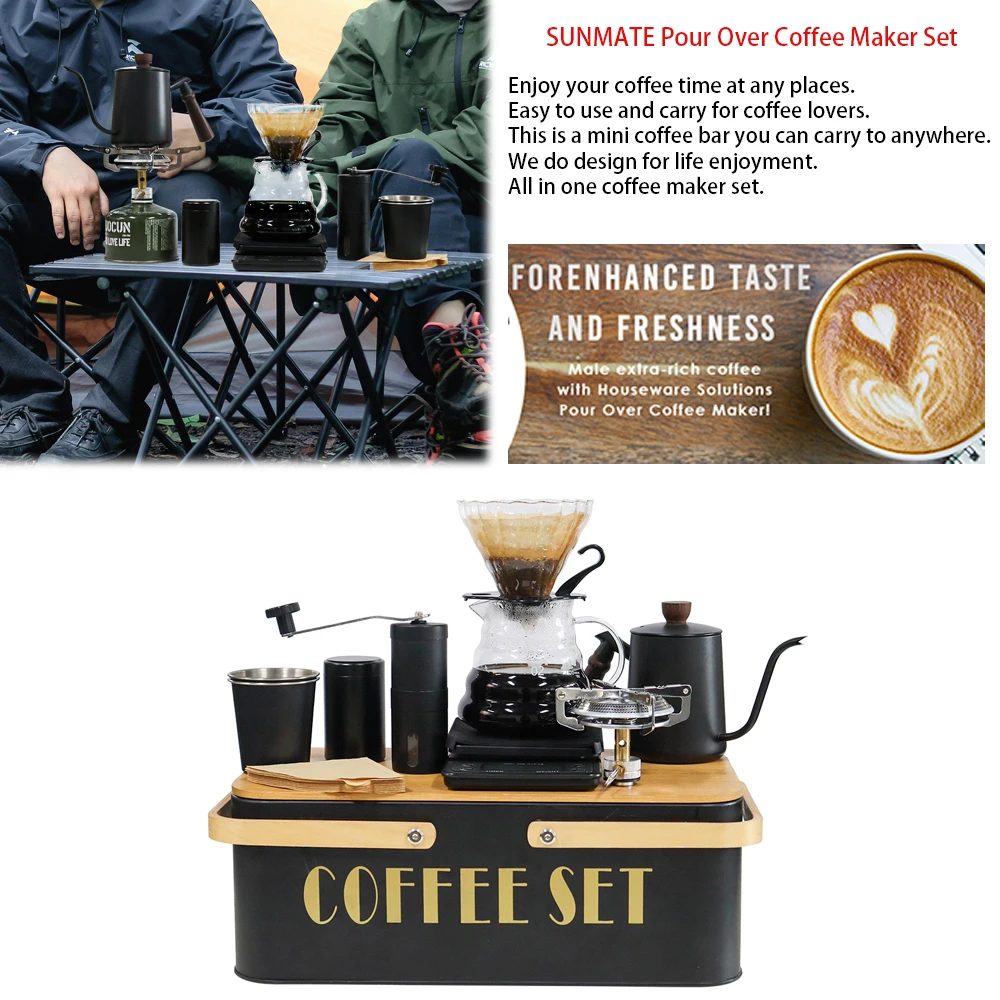 

SOTECH Pour Over Coffee Maker Set Hand Drip Coffee Set Manual Coffee Mill Grinder Glass Coffee Dripper with Wooden Collar Coffee