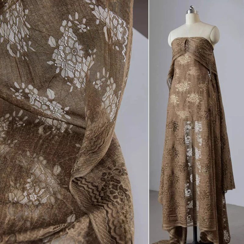 

Коричневая фактурная ткань с вышивкой и рваными краями, в стиле ретро, для топов и юбок, дизайнерская ткань для одежды