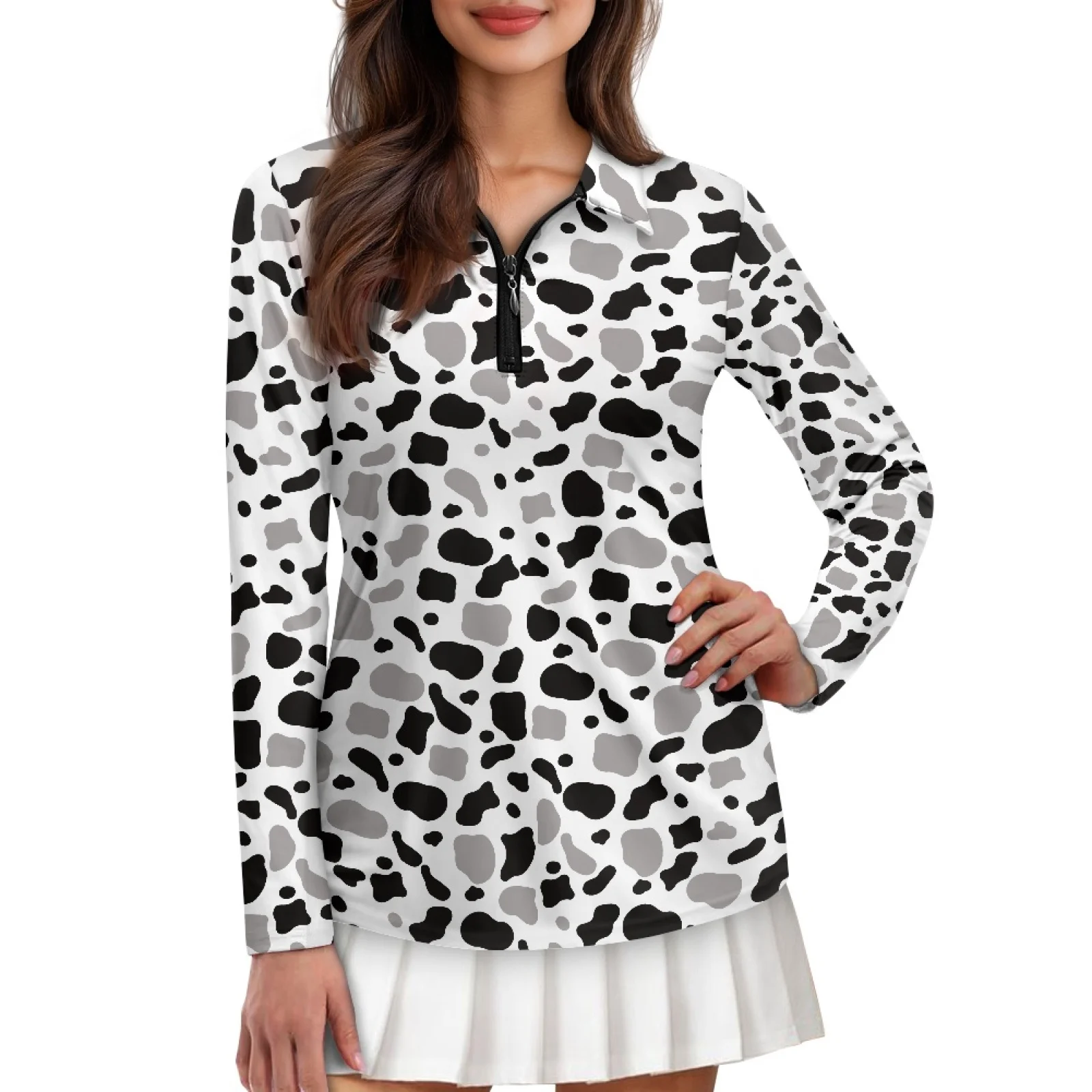 PENSTROLL Cow Print Womens Quarter Zip Golf Shirts Breathable Activewear Top for Gym