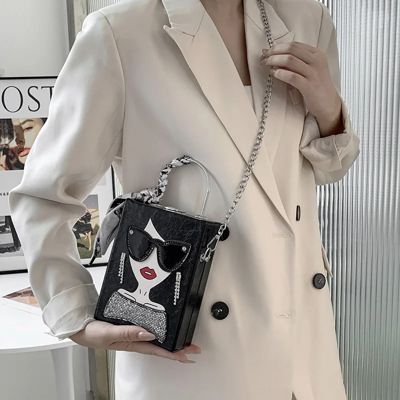 Fashion Splice Box Handbags for Women 2023 New Leather Square Bag High Quality Luxury Hip Hop Party Diamonds Shoulder Bag Woman