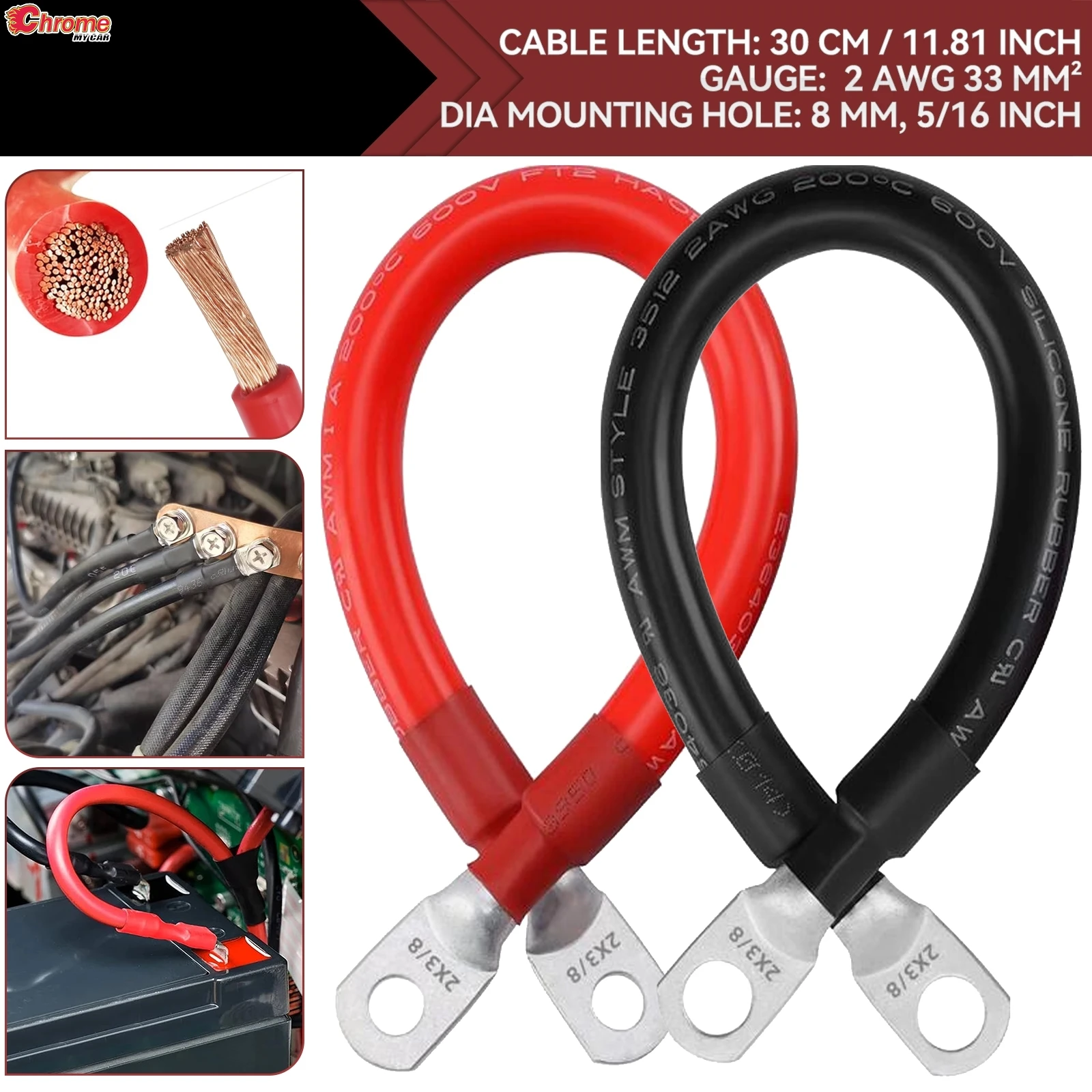 2 PC PVC Battery Inverter Cable Set 2AWG 2Gauge Positive Negative Cable 30cm 33mm2 5/16inch For RV Truck Camper Inverter Battery