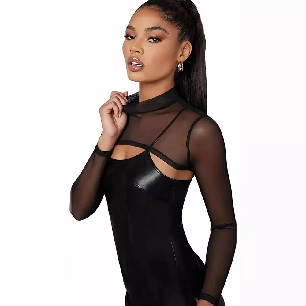 Top sexy estivo caldo Prospettiva ultra corta Girocollo Manica lunga Tinta unita T-shirt trasparente Top da donna