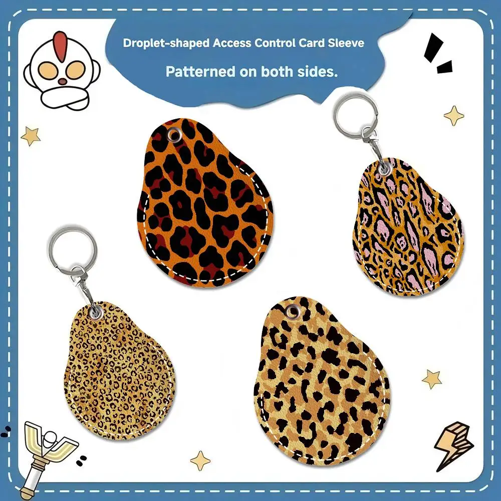 Leopard Pattern Keyring Leather Access Card Holder Keychain Community Water Drop Proximity Card Protective Case