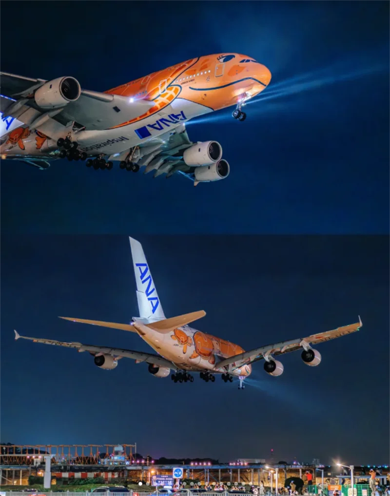 

1:160 Scale 45cm Model Diecast Japan ANA Orange/Blue/Yellow Sea Turtle A380 Airplane Aircraft With Light Collection Display Fan