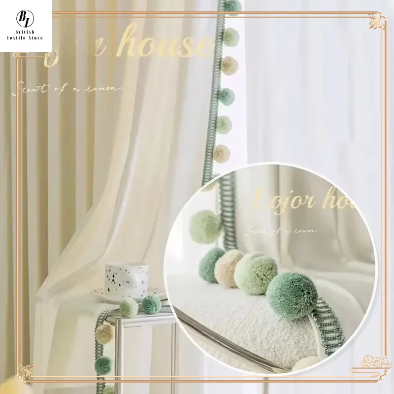 

French Luxury Curtains for Living Room Bedroom Children's Room Royal Silk Velvet Cream Forest Pom Pom Elegant Lovely Decoration