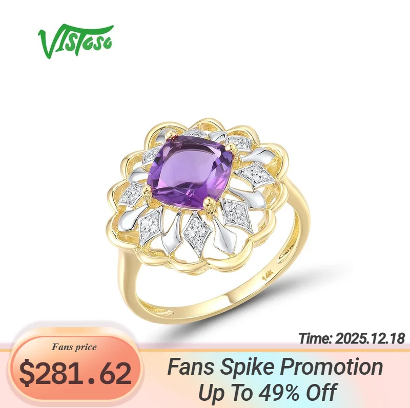 

VISTOSO Genuine 14K 585 Yellow Gold Ring For Women Sparkling Amethyst Diamond Flower Ring Luxury Glamorous Gift Fine Jewelry