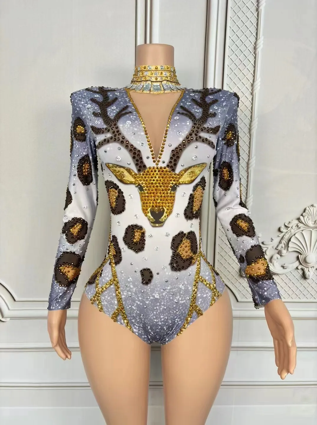 

New Deer Print with Diamonds Big V Sexy High-Cut Body Shapewear Nightclub Bar Female Singer Performance Clothing Female Group St