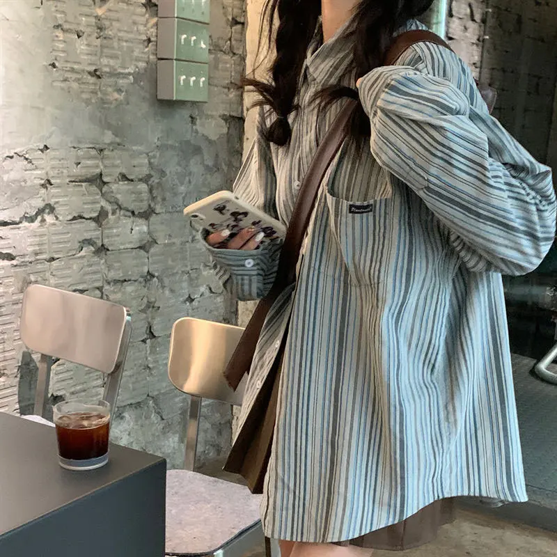 Autumn New Striped Vintage Shirts Female Clothing Loose Versatile Spring Autumn Pockets Spliced College Style Long Sleeve Blouse
