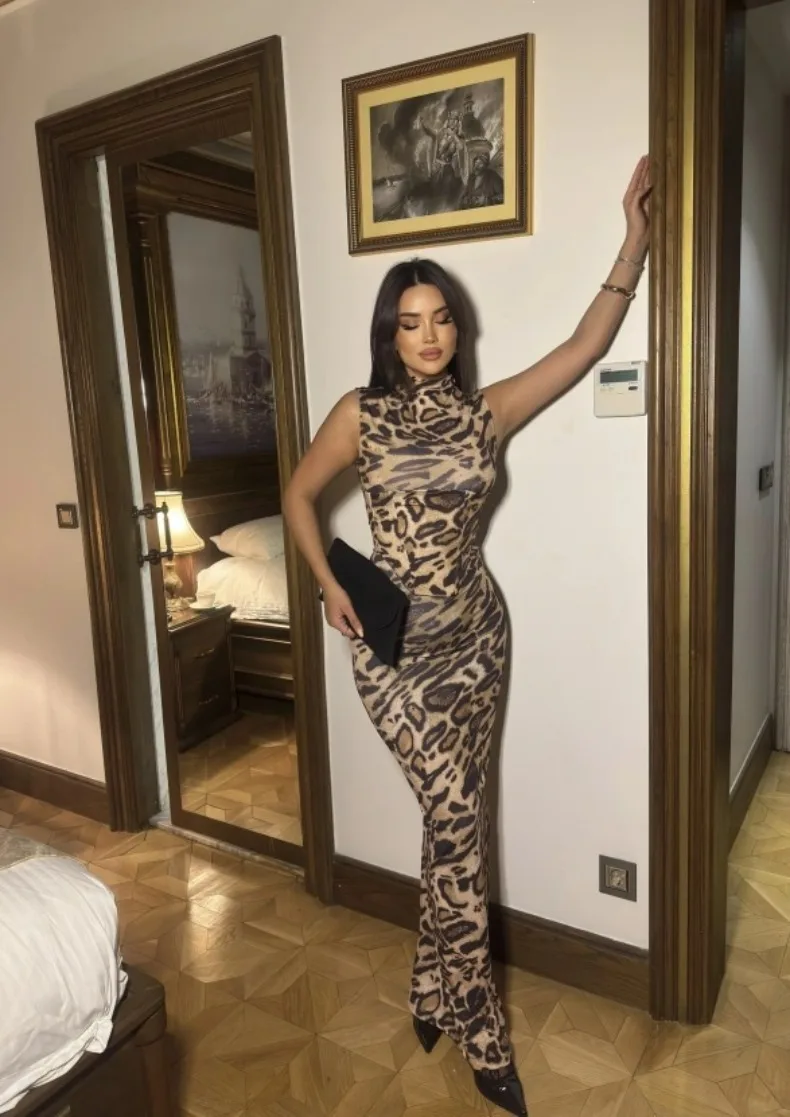 Leopardenmuster Tailliertes Slim-Fit-Kleid für Damen Zweiteiliges Set für Urlaub, Abendessen, Geburtstagsfeier Elegantes Damenkleid – Detail 18