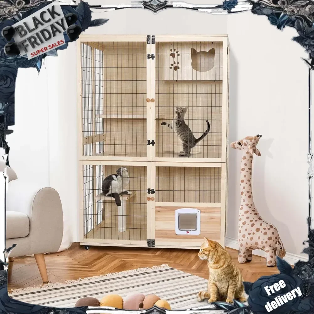 Wooden Cat House Large Space Cat Cage with Scratching Post and Lockable Wheels Double Layer Cat House