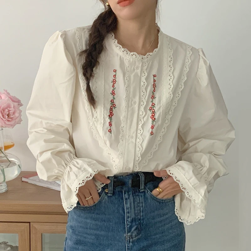 Chic printemps femmes ample décontracté rond Ne cloche Sve irt dentelle florale épissage doux confortable polyvalent Faionable