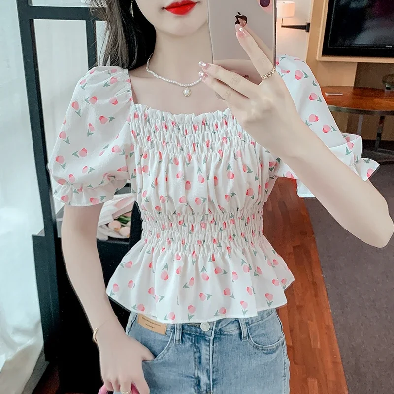 Casual Summer Blouses Women 2024 Fashion Off Shoulder French Printed Blusa Feminina Slim Korean Style Puff Sleeve Tops Mujer XL