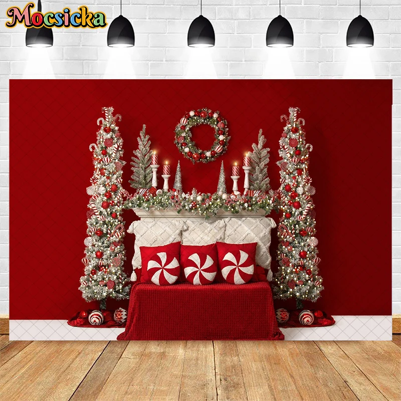 

Christmas Dreams Red Headboard Backdrops Kids Adult Portrait Photocall Props Girl Baby Xmas Trees Wreath Background Photo Studio