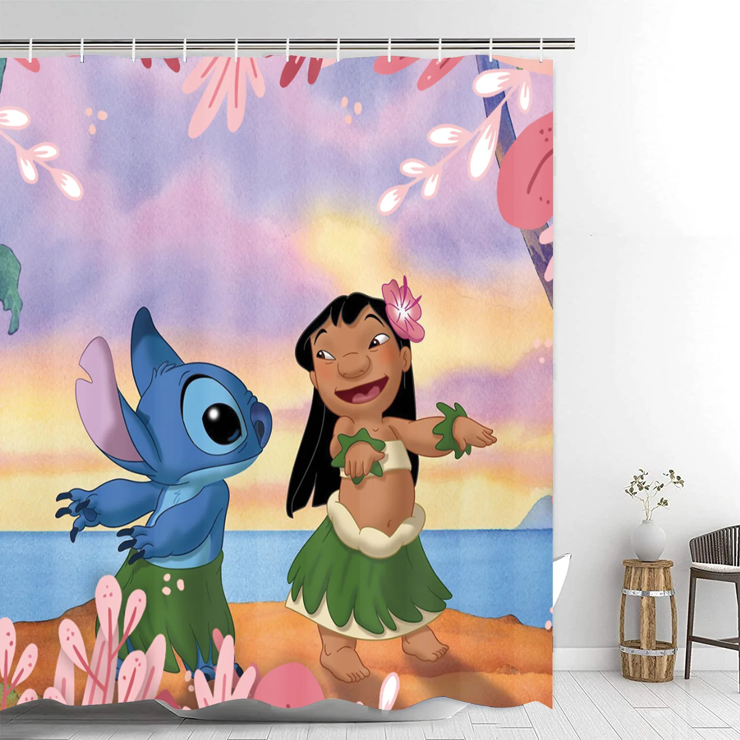 Disney Stitch Bathroom Curtains Shower Curtain Set for Bathroom Cartoon Ornate Bath Rug Decor