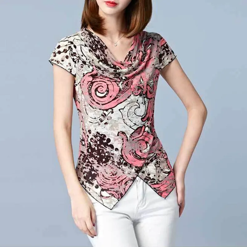 Female Clothing Stylish Asymmetrical T-shirt Casual Slim Summer Commute Vintage Printed Elegant V-Neck Short Sleeve Pullovers