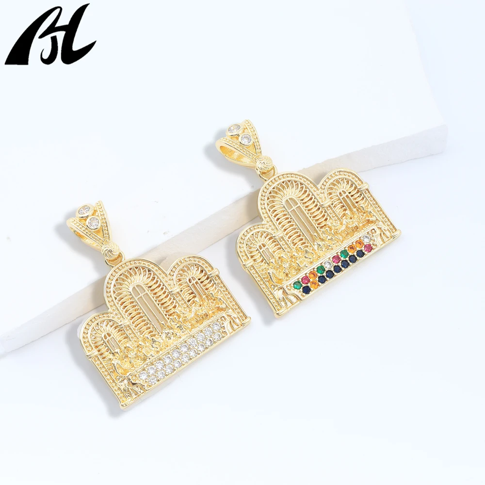 Gold Religious Building Pendant, White & Color Crystal, Christian Cultural Jewelry, Necklace Charm