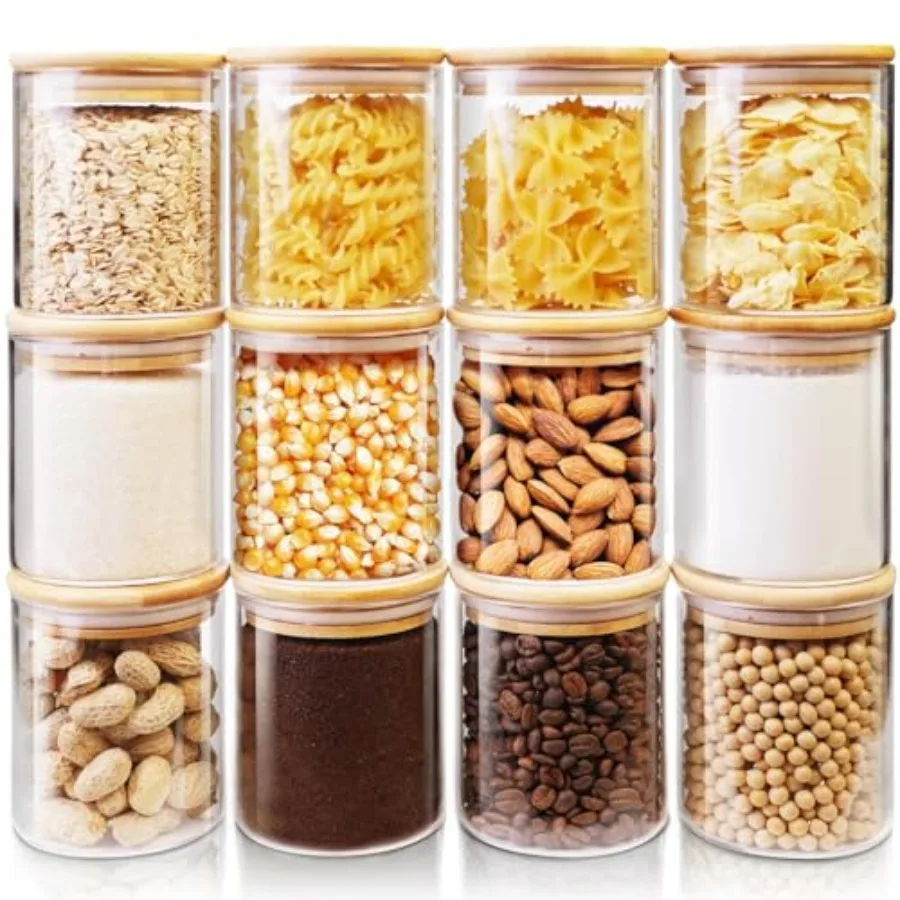 

Glass Jars with Bamboo Lids 17 FL OZ [Set of 12] Glass Canisters with Airtight Lids Glass Food Storage Containers for Spice Cof