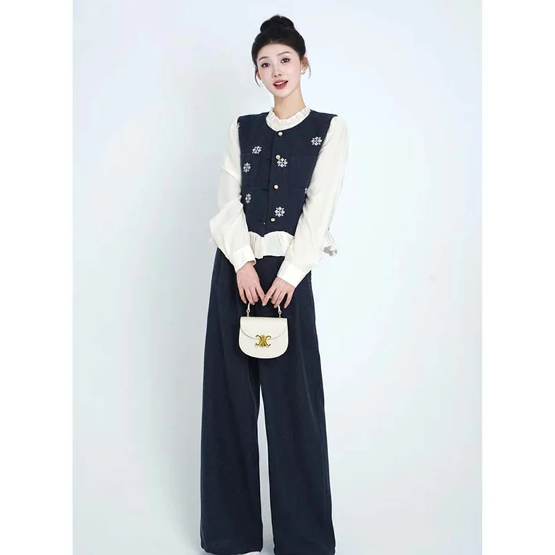 

Autumn 2026 New Style Versatile Dark Blue Travel Little Fragrance Wind Pants Set Three Pieces Set TX0144 Ladies Fashion Ensemble