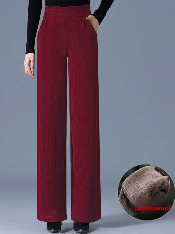 Thiened Lamb Velvet Wide Leg Pants Women's Winter High Waist Slimming Loose Casual Fce Lined Corduroy Straight Leg Trousers