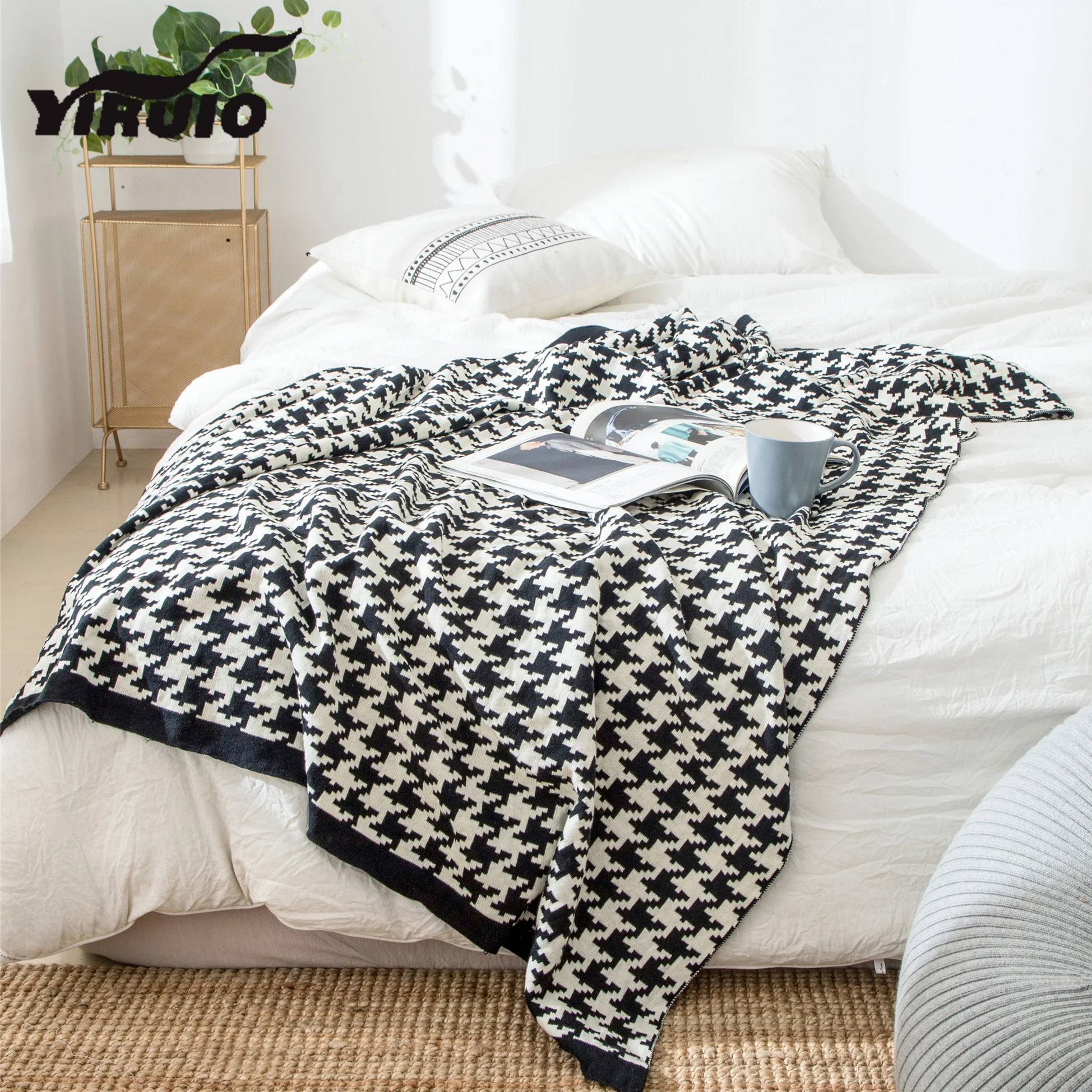 

YIRUIO Vintage British Style Houndstooth Throw Blanket Classic Cotton Knitted Bed Sofa Cover Bedspread Quilt Comforter Blankets